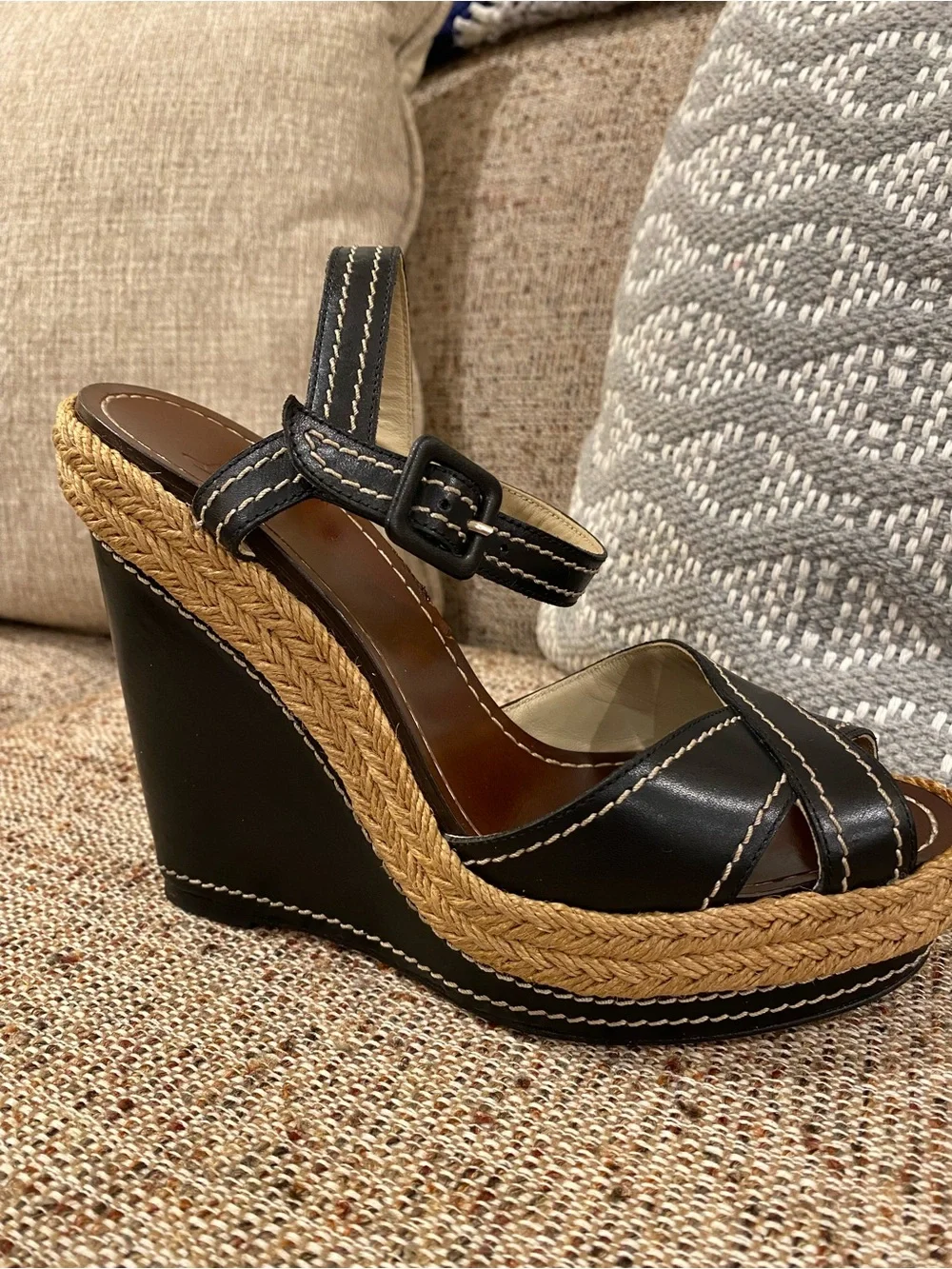 Christian Louboutin Black Leather Espadrille Platform Wedge Sandals